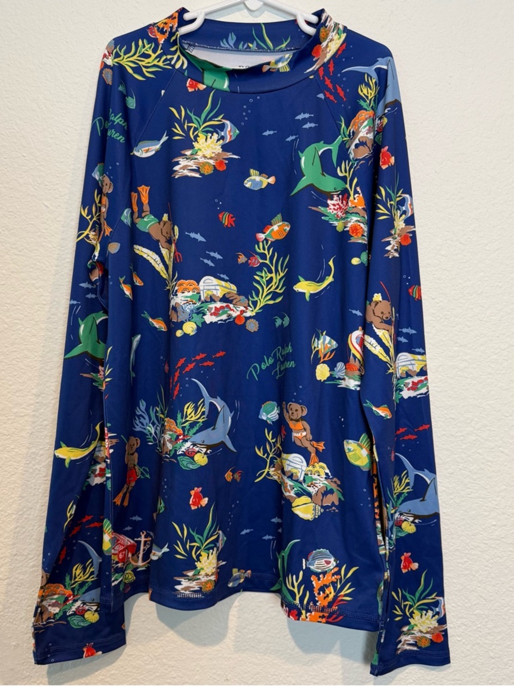 NWOT Polo Ralph Lauren Boy Scuba Bear Blue Rash Guard Swim Top Shirt Sz L 14-16